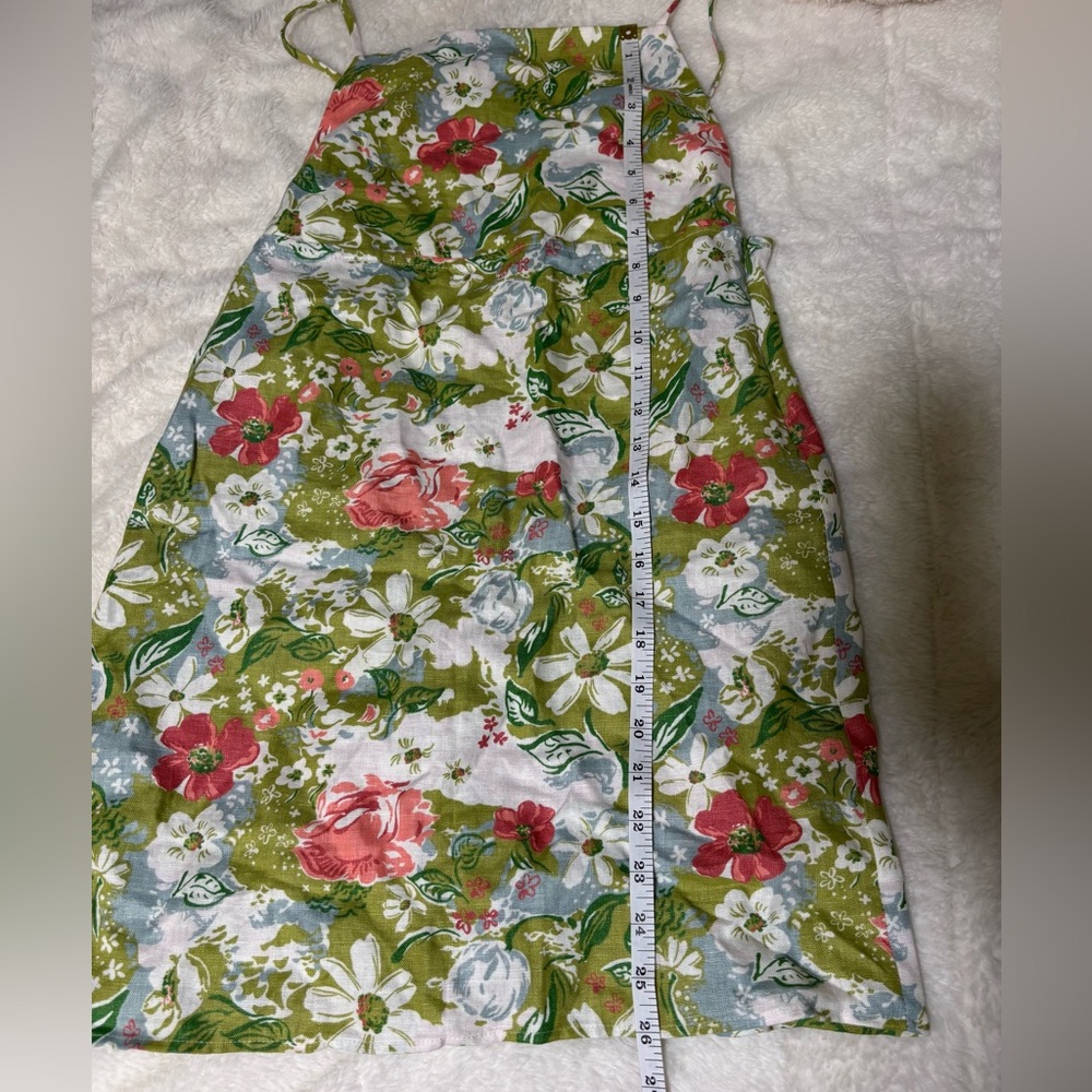 Reformation Full Linen Floral Square-Neck Mini Dress in Green, Pink and Blue - Picture 7 of 8